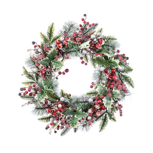 Glitzhome® 24"D Christmas Red Pomegranate Berry & Holy Leaf Wreath